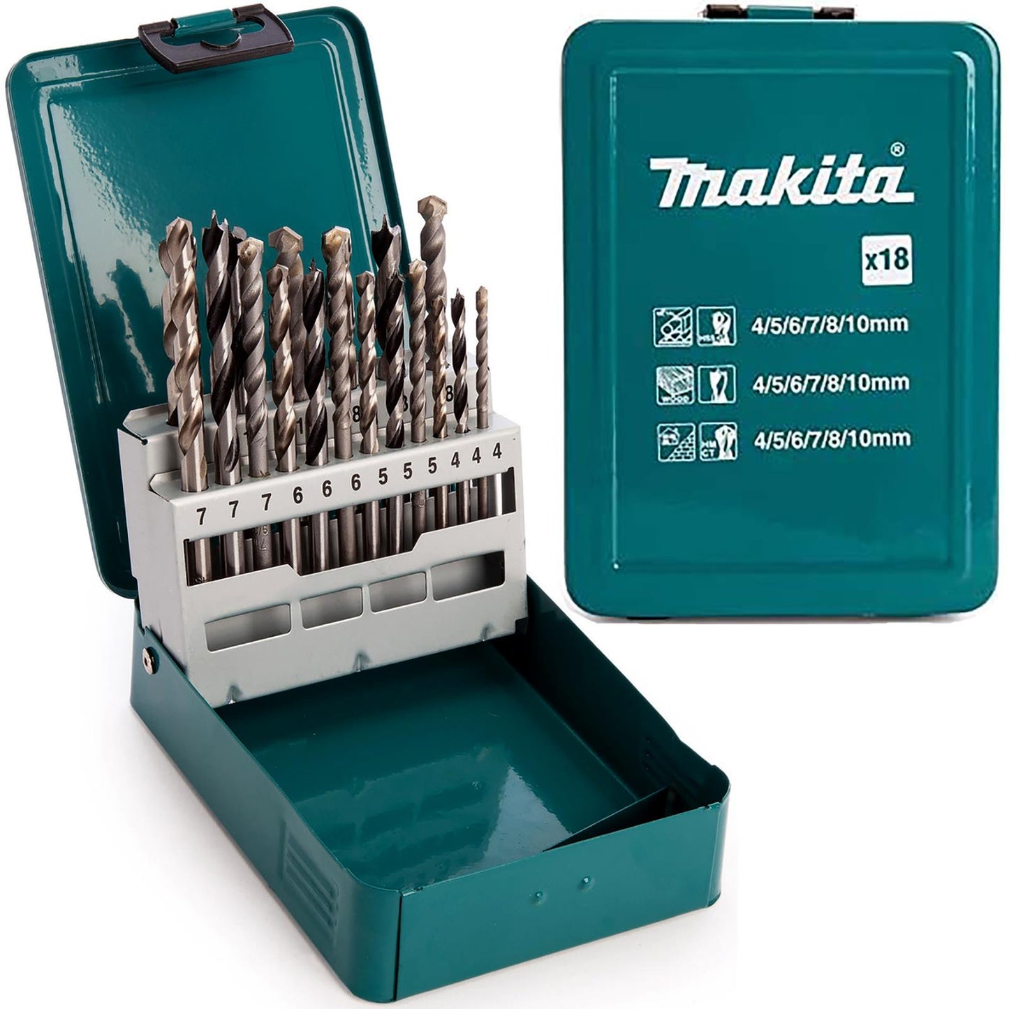 Makita 18-Piece Multi-Material Drill Bit Set ā Metal Case | Wood, Masonry & Metal Bits (4ā10mm)